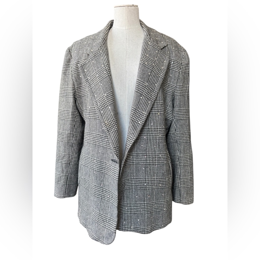 M-Vintage Black and White Plaid Blazer with Rhinestones